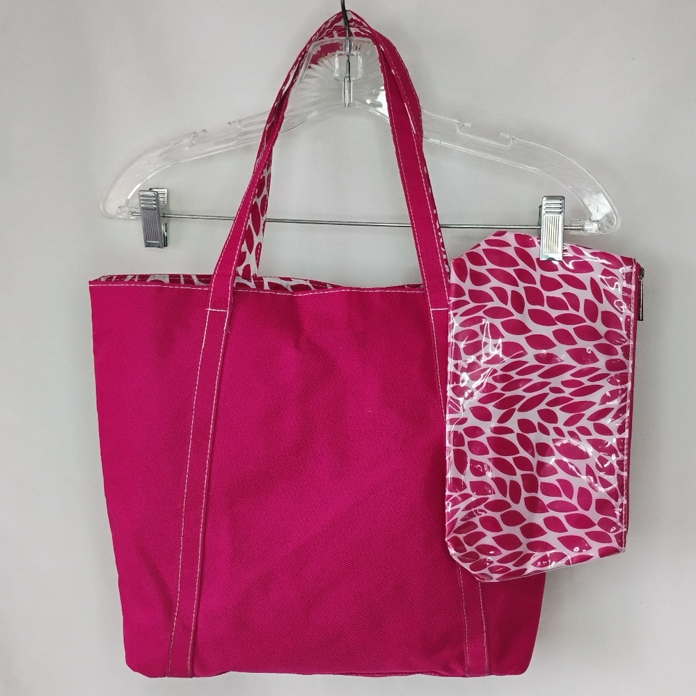 Women's Clinique Hot Pink Canvas Tote Bag + Cosmetic Bag Floral Petal Pattern